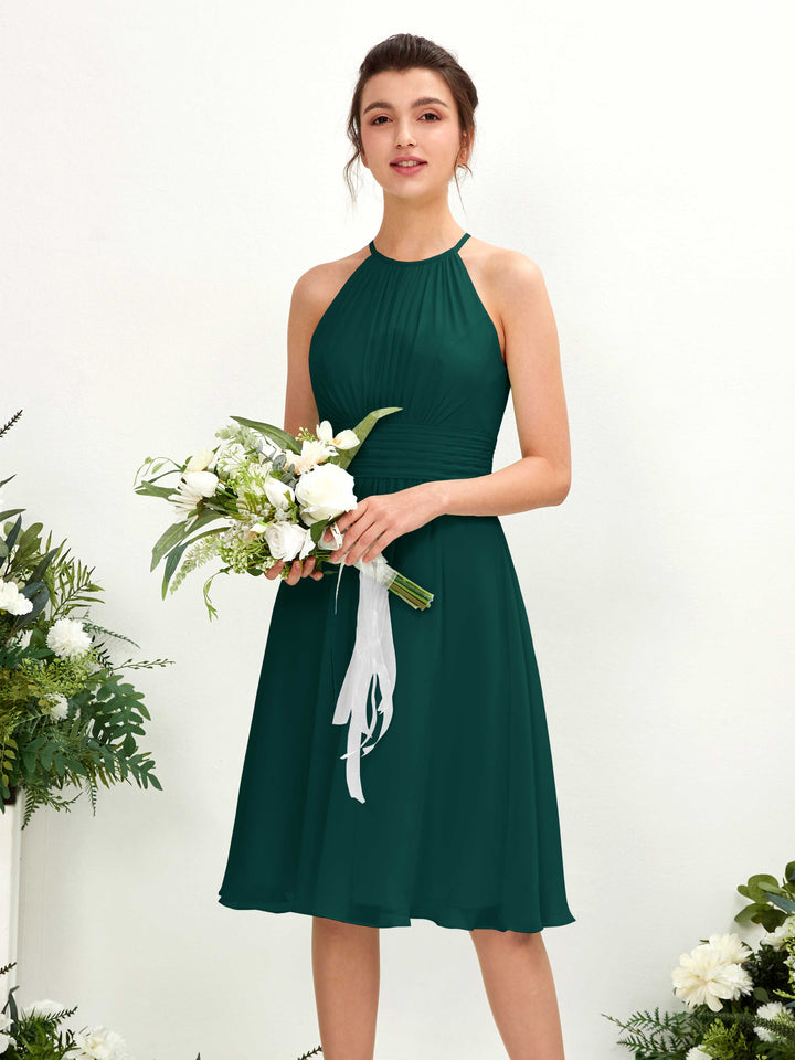 Dark Emerald Bridesmaid Dresses Bridesmaid Dress A-line Chiffon Halter Knee Length Sleeveless Wedding Party Dress (81220117)