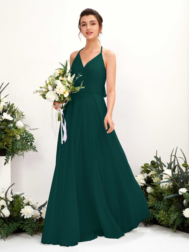 Halter V-neck Sleeveless Chiffon Bridesmaid Dress - Dark Emerald (81221017)