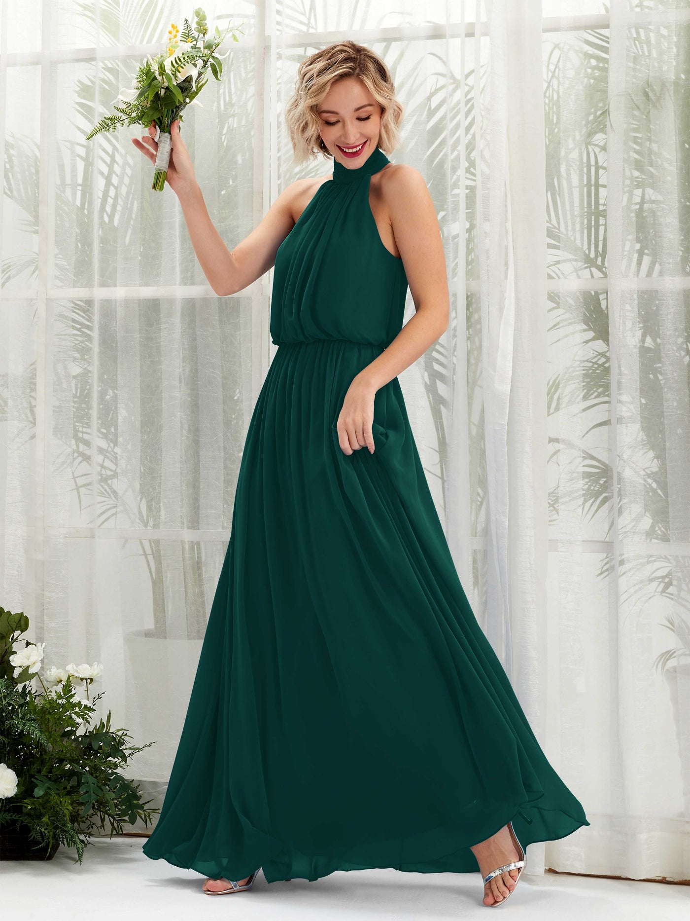 Dark Emerald Bridesmaid Dresses Bridesmaid Dress A-line Chiffon Halter Full Length Sleeveless Wedding Party Dress (81222917)#color_dark-emerald