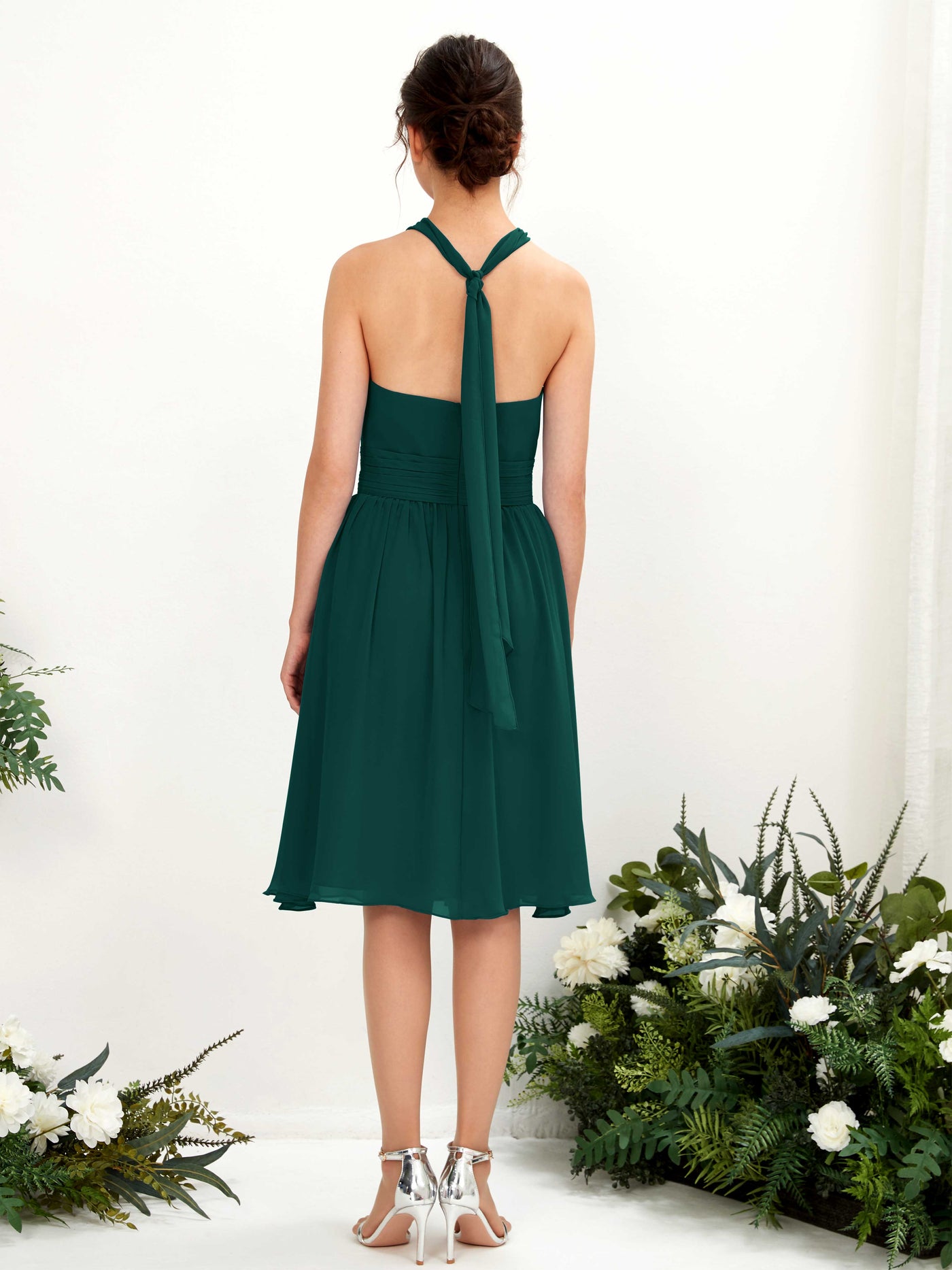 Dark Emerald Bridesmaid Dresses Bridesmaid Dress A-line Chiffon Halter Knee Length Sleeveless Wedding Party Dress (81222617)#color_dark-emerald