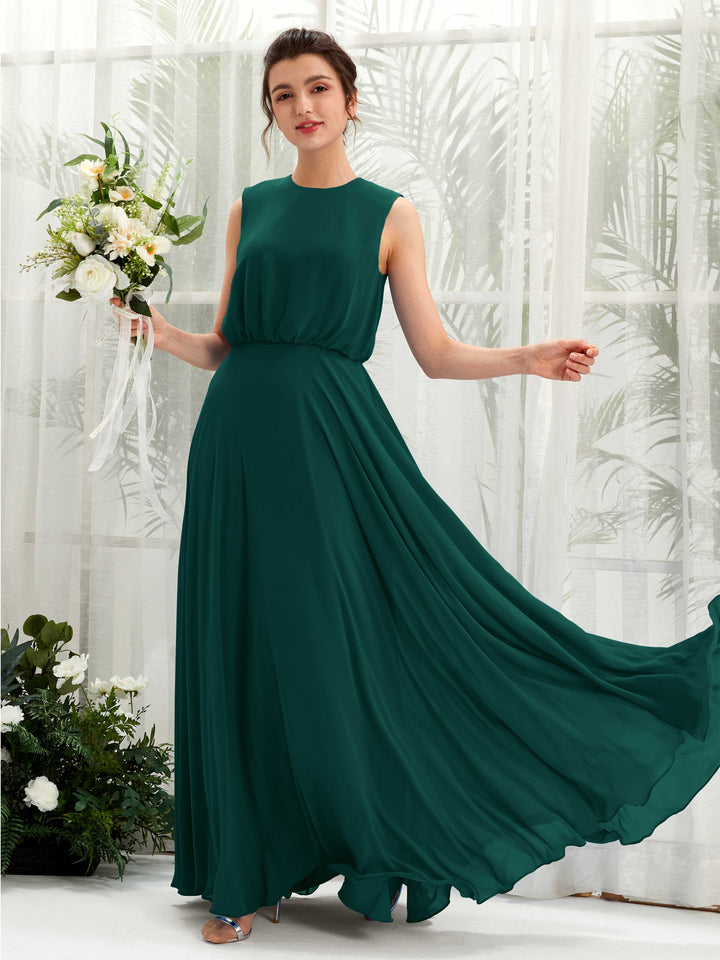 Dark Emerald Bridesmaid Dresses Bridesmaid Dress A-line Chiffon Round Full Length Sleeveless Wedding Party Dress (81222817)