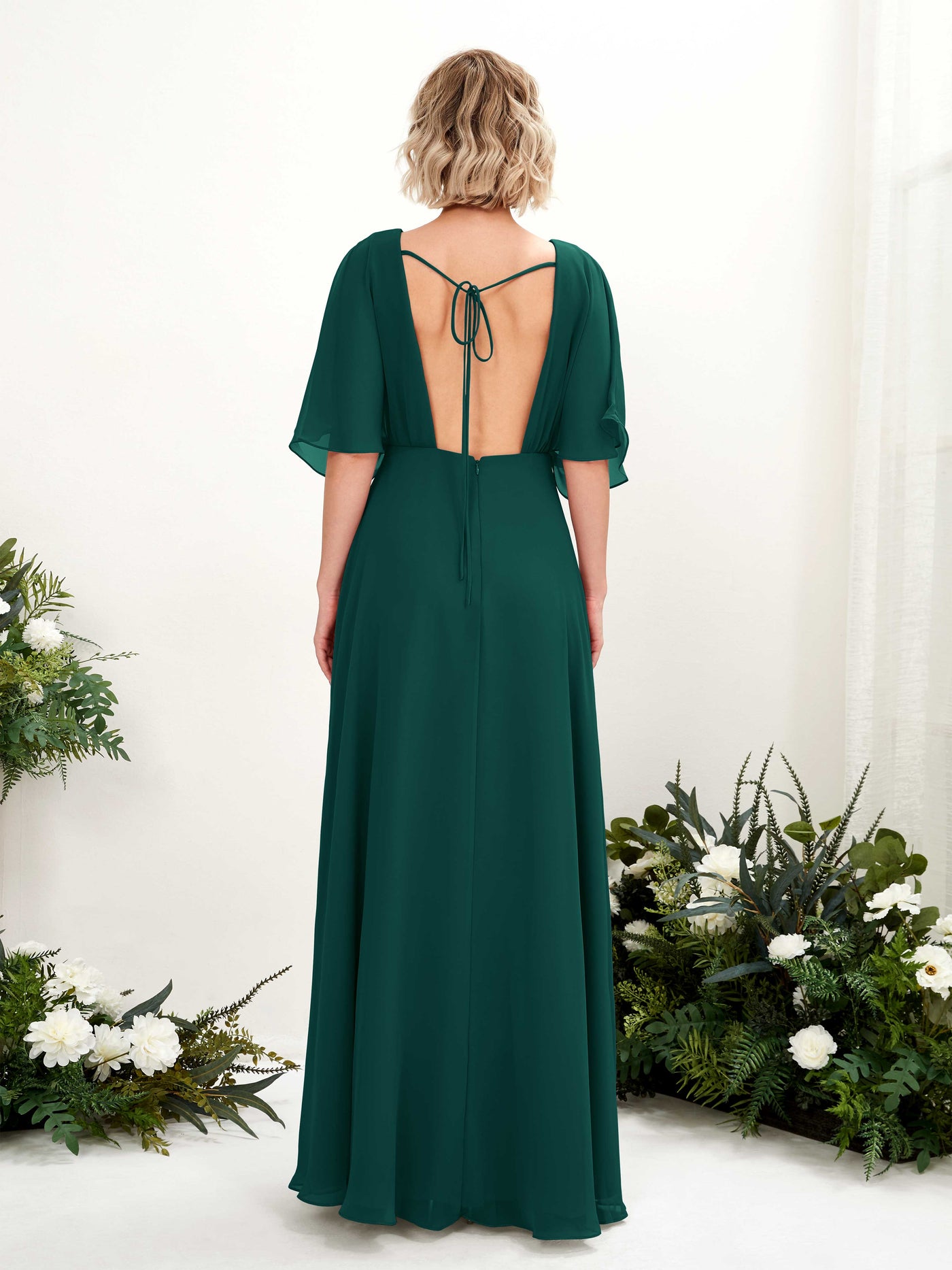 Dark Emerald Bridesmaid Dresses Bridesmaid Dress A-line Chiffon V-neck Full Length Short Sleeves Wedding Party Dress (81225117)#color_dark-emerald