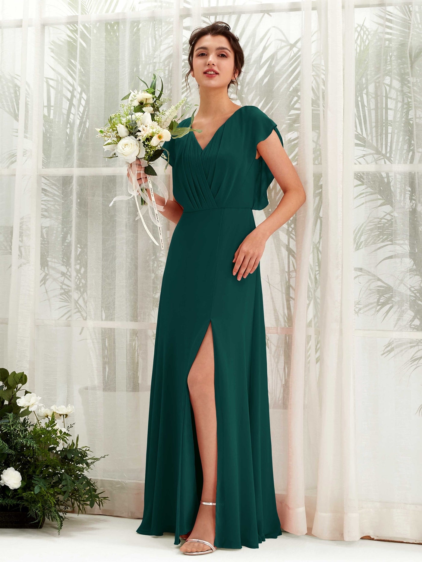 Dark Emerald Bridesmaid Dresses Bridesmaid Dress A-line Chiffon V-neck Full Length Short Sleeves Wedding Party Dress (81225617)#color_dark-emerald