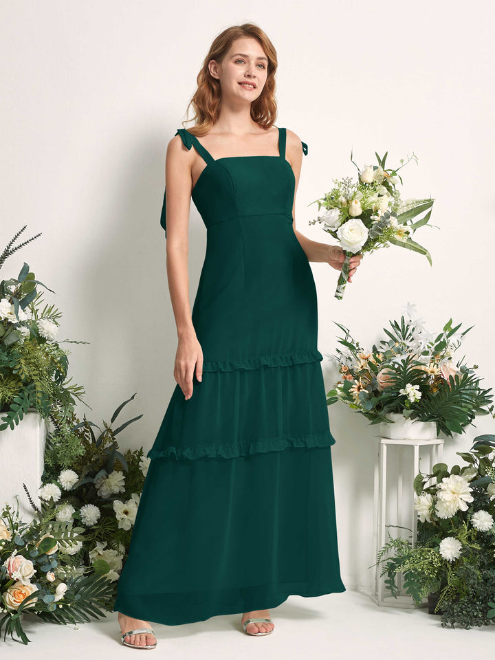 Bridesmaid Dress Chiffon Straps Full Length Sleeveless Wedding Party Dress - Dark Emerald (81227517)