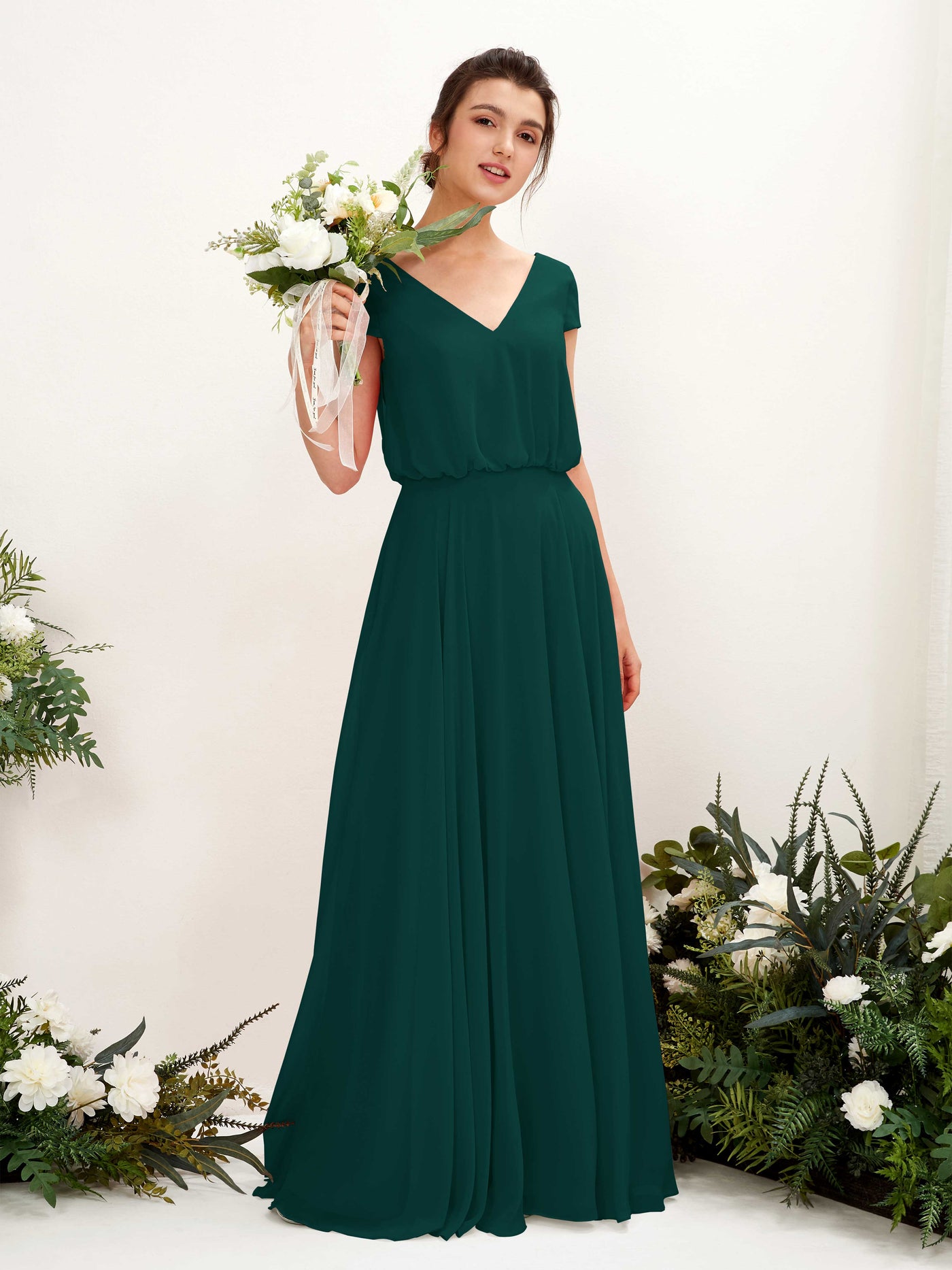 Dark Emerald Bridesmaid Dresses Bridesmaid Dress A-line Chiffon V-neck Full Length Short Sleeves Wedding Party Dress (81221817)#color_dark-emerald