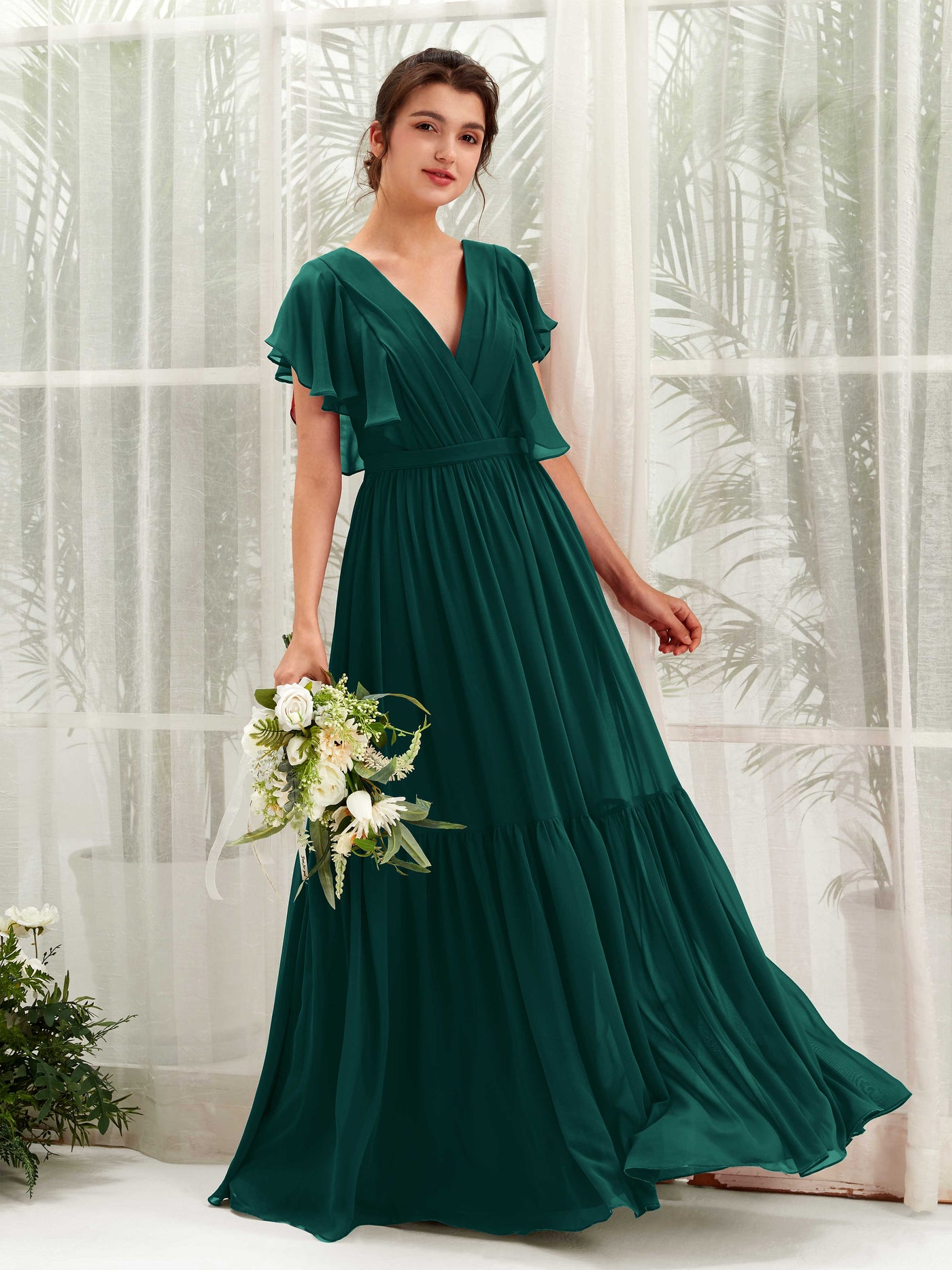 Dark Emerald Bridesmaid Dresses Bridesmaid Dress A-line Chiffon V-neck Full Length Short Sleeves Wedding Party Dress (81225917)#color_dark-emerald