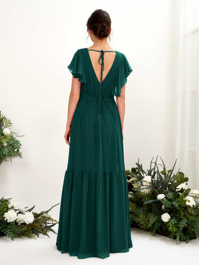 Carlyna Chaya A-Line Dark Emerald Bridesmaid Dress Maxi Cap Sleeve V-Neck Dress Back View #color_dark-emerald