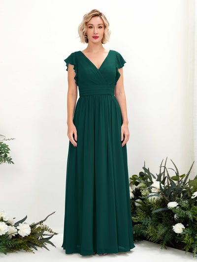 Dark Emerald Bridesmaid Dresses Bridesmaid Dress A-line Chiffon V-neck Full Length Short Sleeves Wedding Party Dress (81222717)#color_dark-emerald