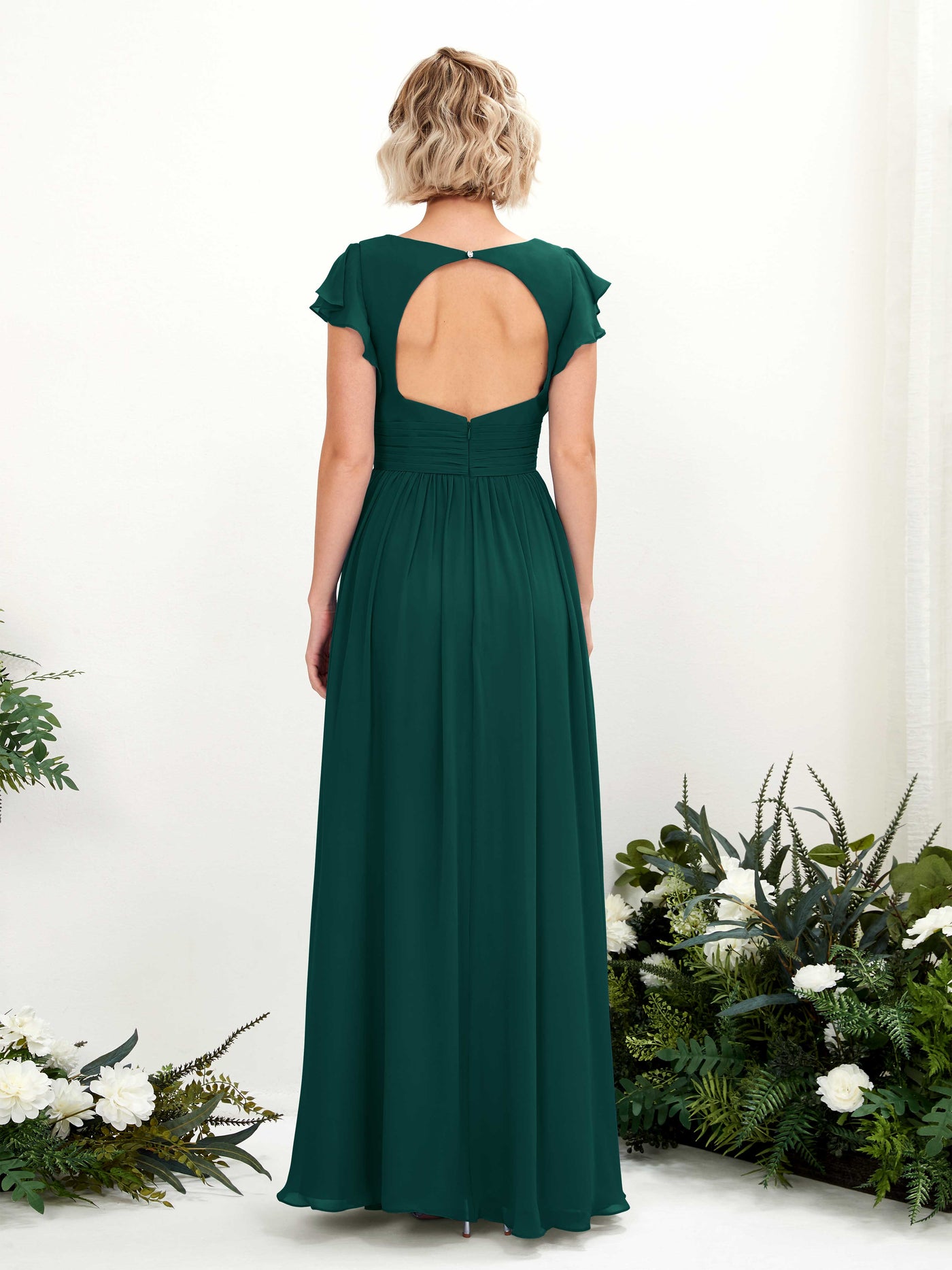 Dark Emerald Bridesmaid Dresses Bridesmaid Dress A-line Chiffon V-neck Full Length Short Sleeves Wedding Party Dress (81222717)#color_dark-emerald