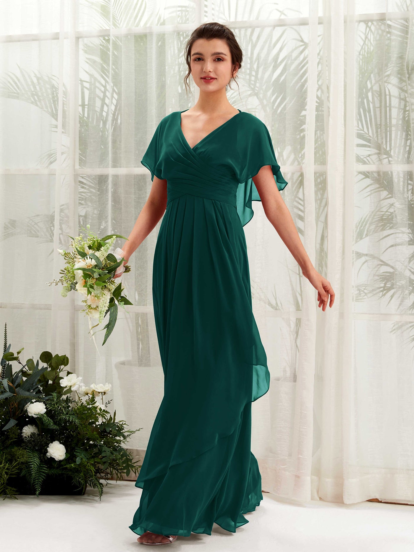 Open back V-neck Short Sleeves Chiffon Bridesmaid Dress - Dark Emerald (81226117)#color_dark-emerald