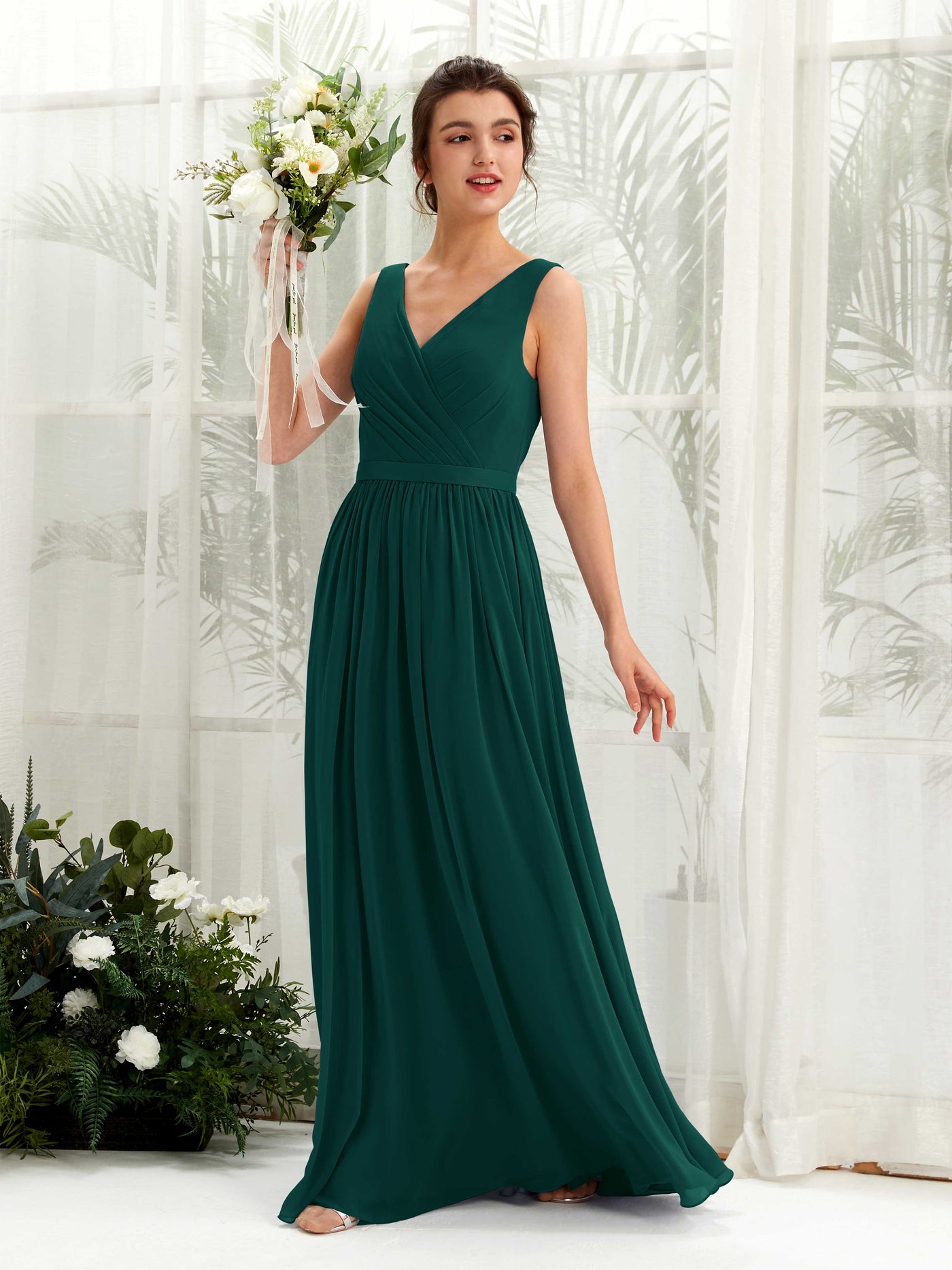 Dark Emerald Bridesmaid Dresses Bridesmaid Dress A-line Chiffon V-neck Full Length Sleeveless Wedding Party Dress (81223617)#color_dark-emerald