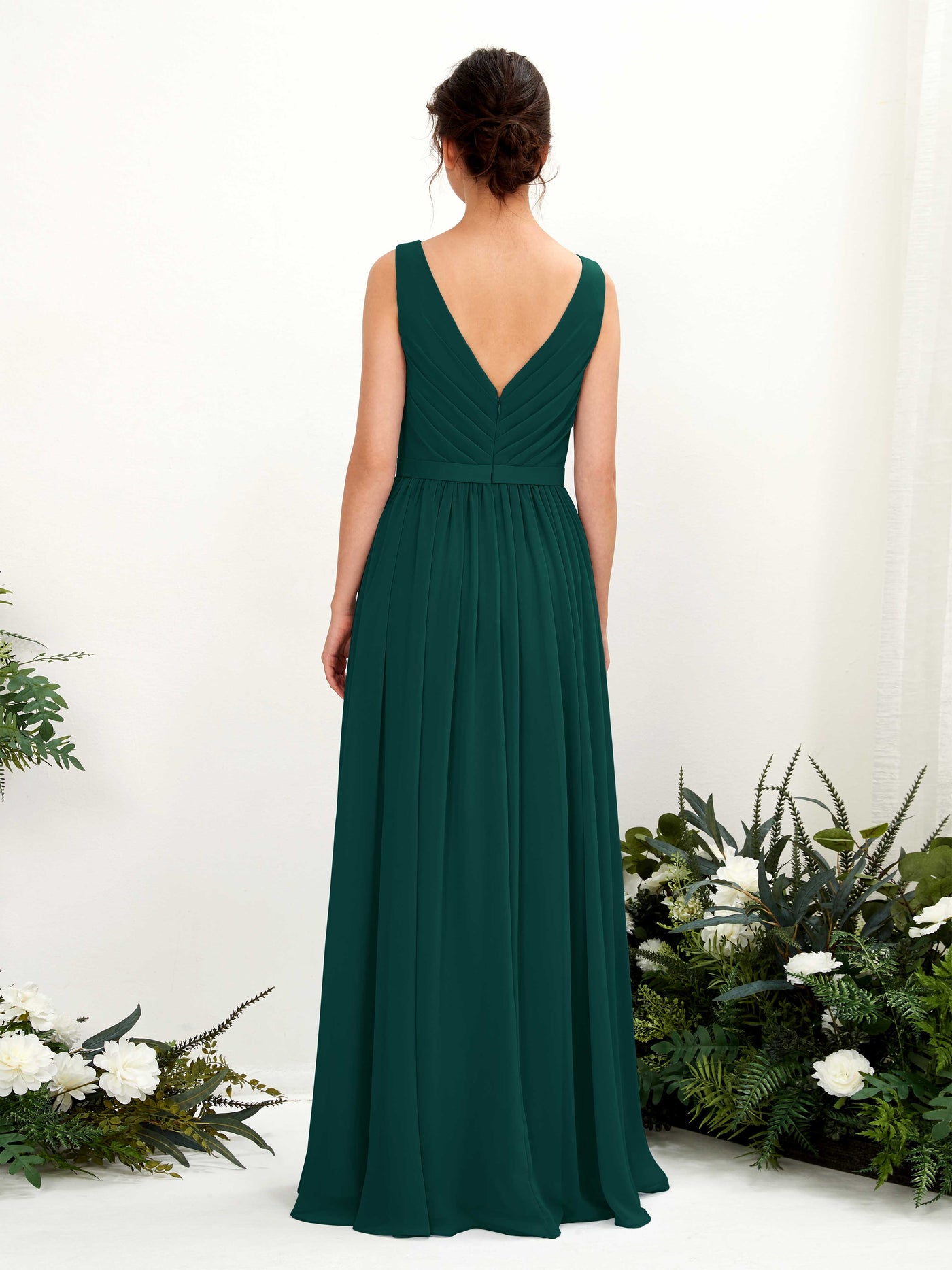 Dark Emerald Bridesmaid Dresses Bridesmaid Dress A-line Chiffon V-neck Full Length Sleeveless Wedding Party Dress (81223617)#color_dark-emerald