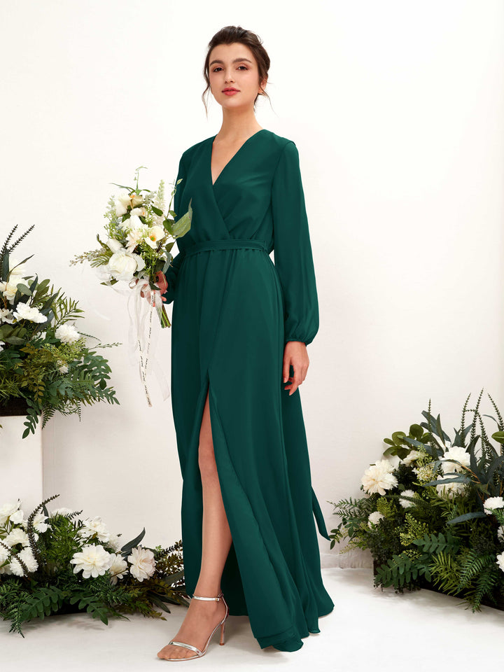 Dark Emerald Bridesmaid Dresses Bridesmaid Dress A-line Chiffon V-neck Full Length Long Sleeves Wedding Party Dress (81223217)
