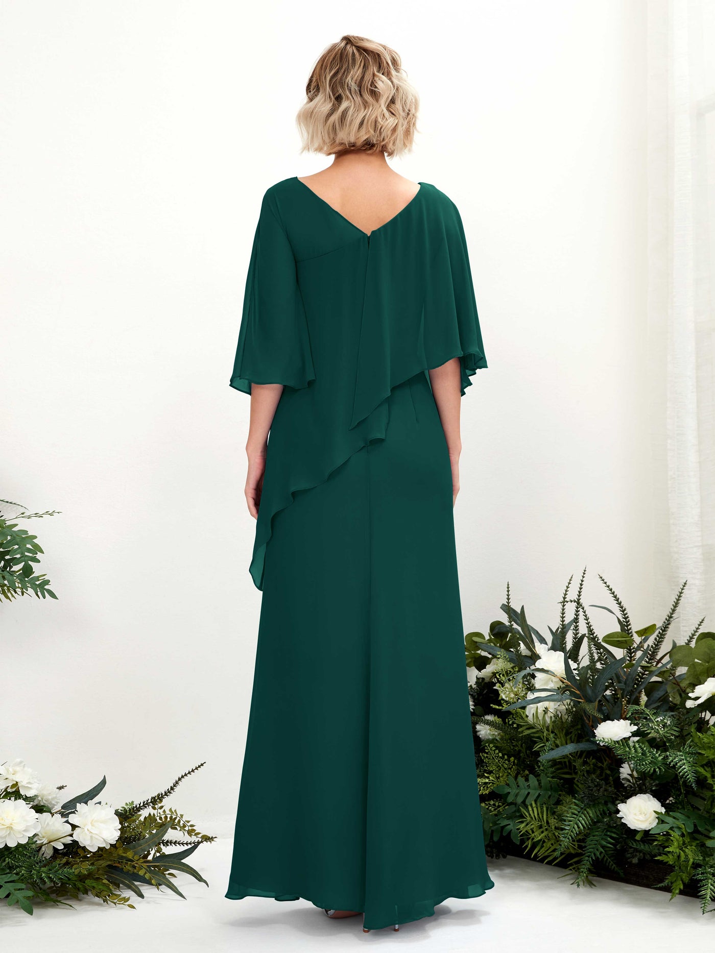 Dark Emerald Bridesmaid Dresses Bridesmaid Dress Bohemian Chiffon V-neck Full Length 3/4 Sleeves Wedding Party Dress (81222517)#color_dark-emerald