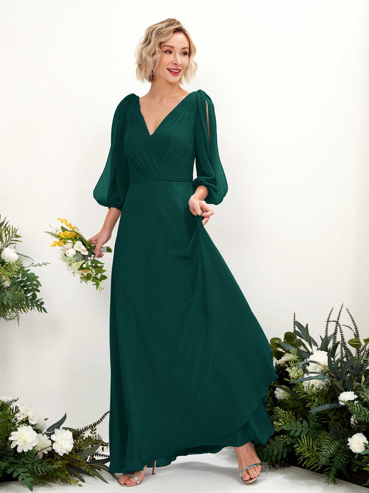 Dark Emerald Bridesmaid Dresses Bridesmaid Dress Chiffon V-neck Full Length Long Sleeves Wedding Party Dress (81223517)