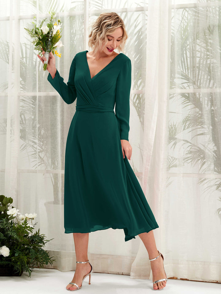 Dark Emerald Bridesmaid Dresses Bridesmaid Dress Chiffon V-neck Tea Length Long Sleeves Wedding Party Dress (81223317)