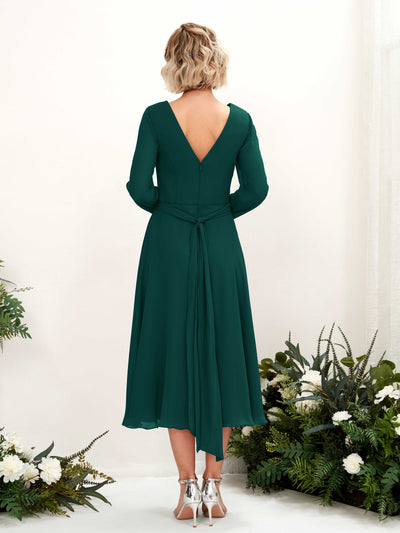 Carlyna Joanna A-Line Dark Emerald Bridesmaid Dress Midi Long Sleeve V-Neck Back View #color_dark-emerald