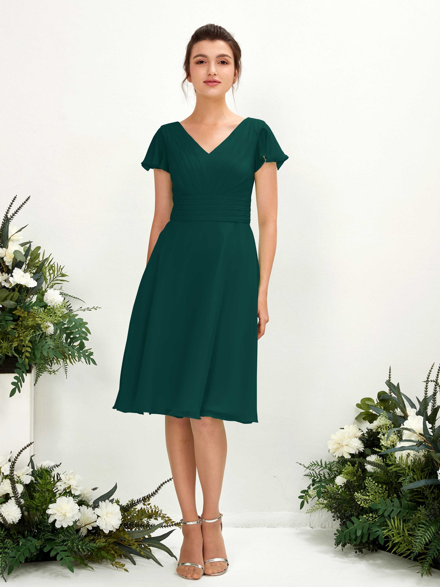 Dark Emerald Bridesmaid Dresses Bridesmaid Dress Chiffon V-neck Knee Length Short Sleeves Wedding Party Dress (81220217)#color_dark-emerald