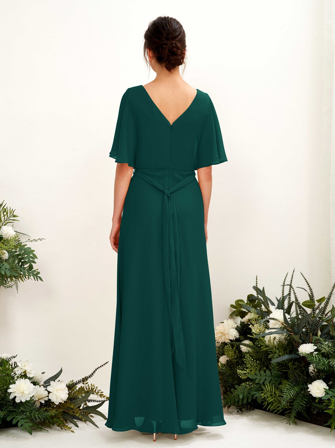 Dark Emerald Bridesmaid Dresses Bridesmaid Dress A-line Chiffon V-neck Full Length Short Sleeves Wedding Party Dress (81222417)#color_dark-emerald