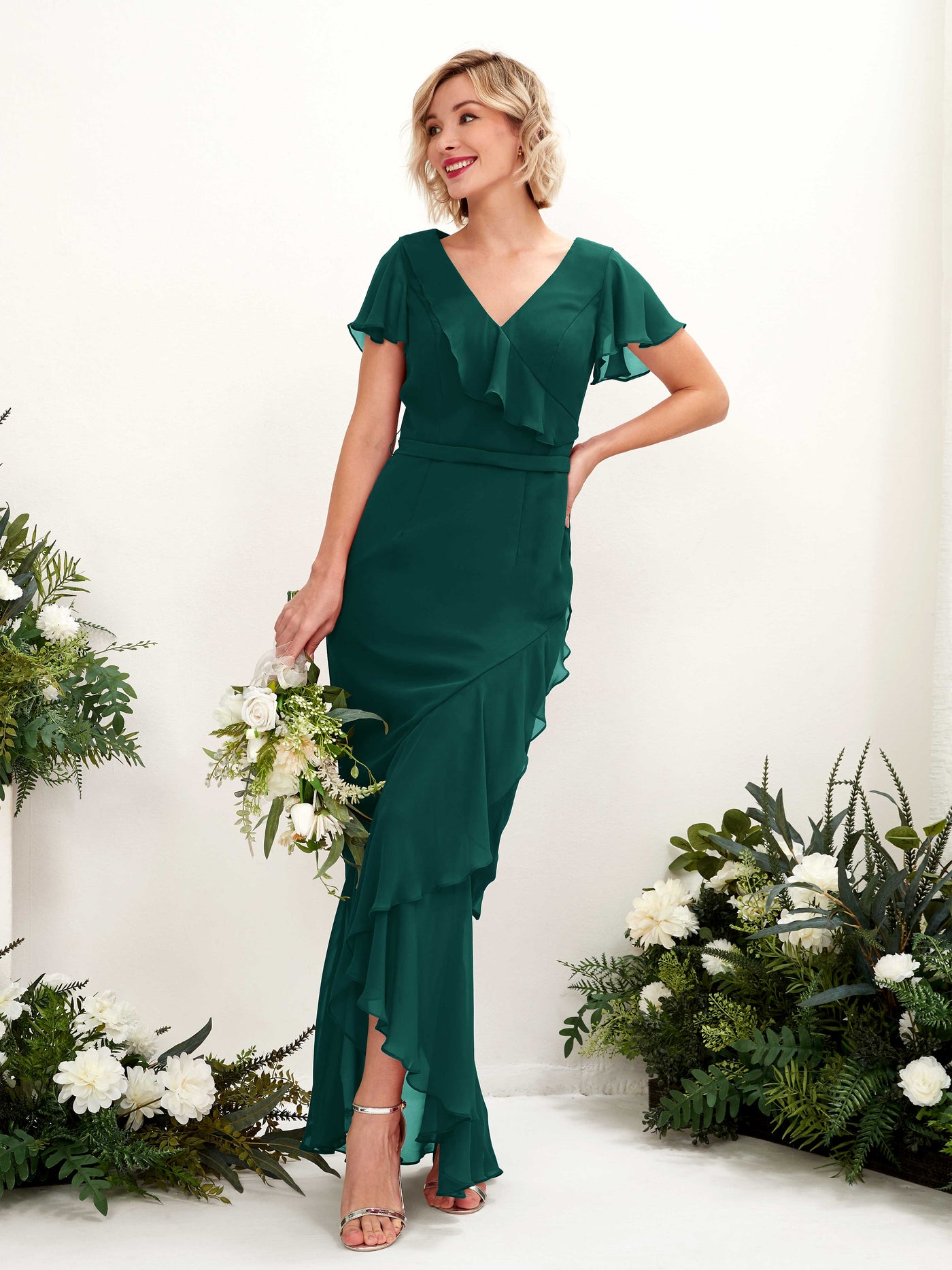 V-neck Short Sleeves Chiffon Bridesmaid Dress - Dark Emerald (81226217)#color_dark-emerald