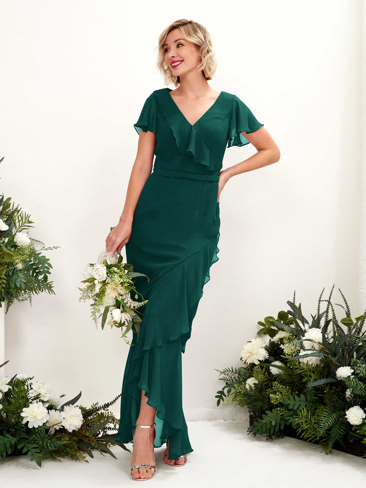 V-neck Short Sleeves Chiffon Bridesmaid Dress - Dark Emerald (81226217)