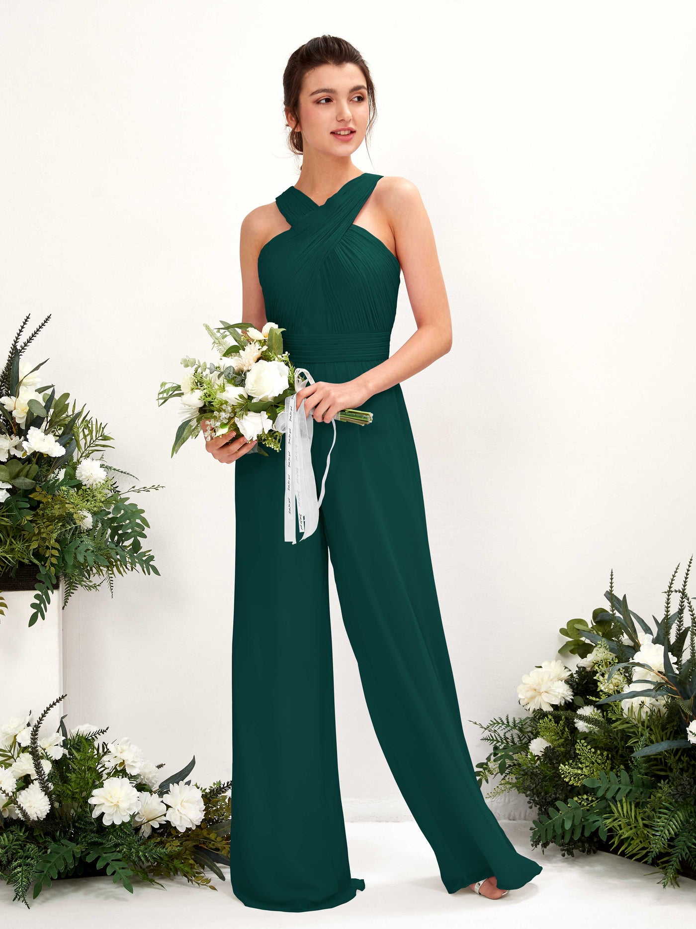 Dark Emerald Bridesmaid Dresses Bridesmaid Dress Chiffon V-neck Full Length Sleeveless Wedding Party Dress (81220717)#color_dark-emerald