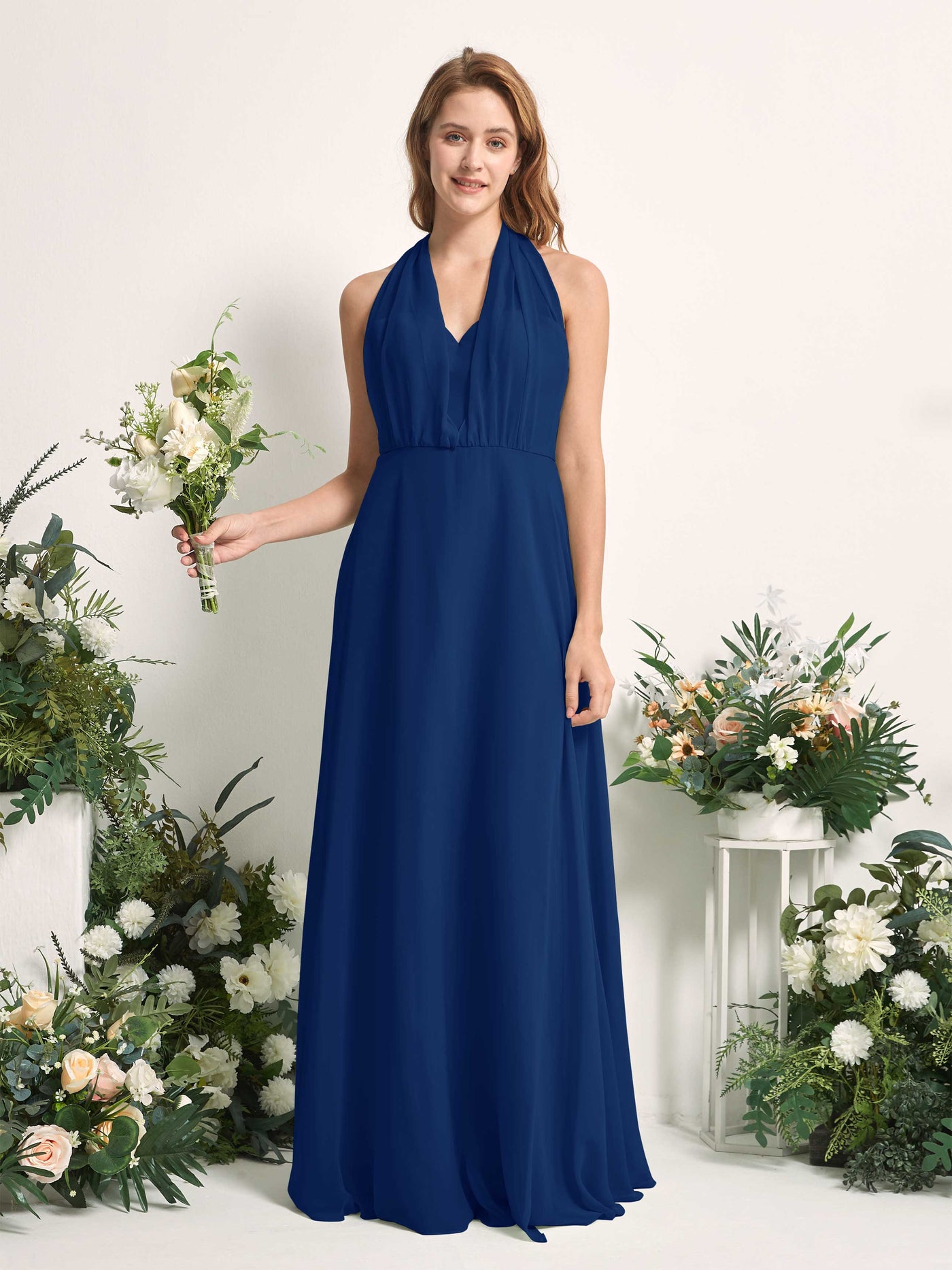Royal Blue Bridesmaid Dresses Bridesmaid Dress A-line Chiffon Halter Full Length Short Sleeves Wedding Party Dress (81226337)#color_royal-blue