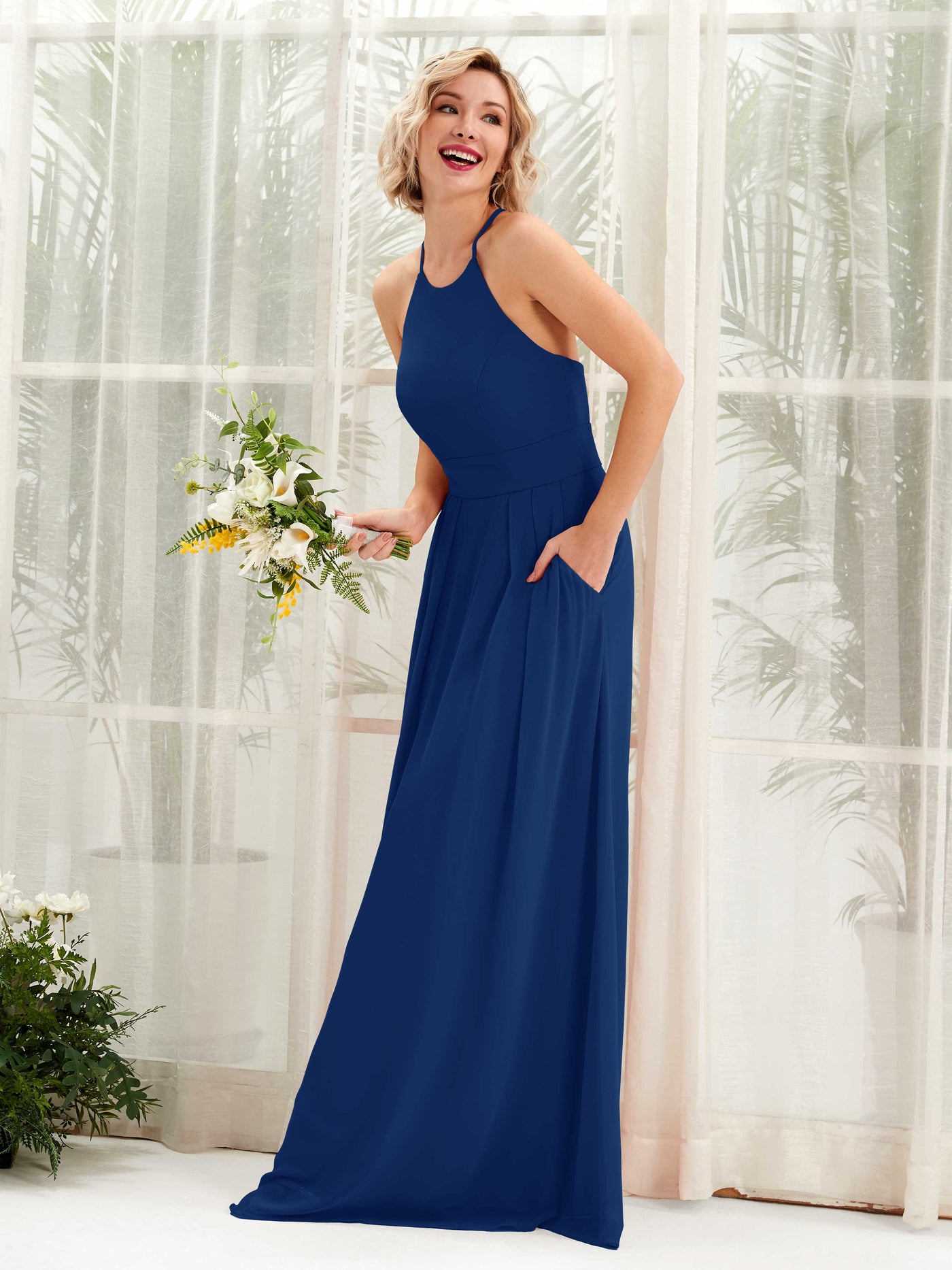 Royal Blue Bridesmaid Dresses Bridesmaid Dress A-line Chiffon Halter Full Length Sleeveless Wedding Party Dress (81225237)#color_royal-blue