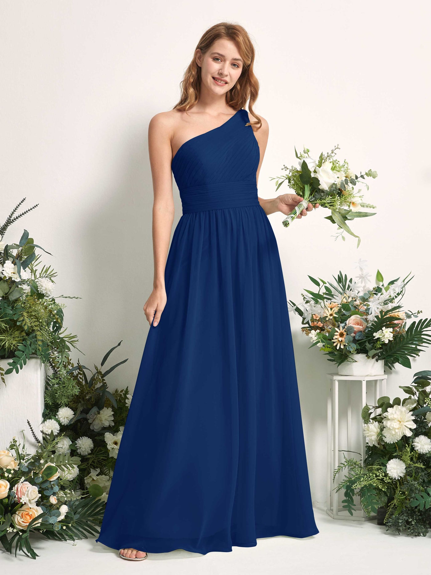 Bridesmaid Dress A-line Chiffon One Shoulder Full Length Sleeveless Wedding Party Dress - Royal Blue (81226737)#color_royal-blue