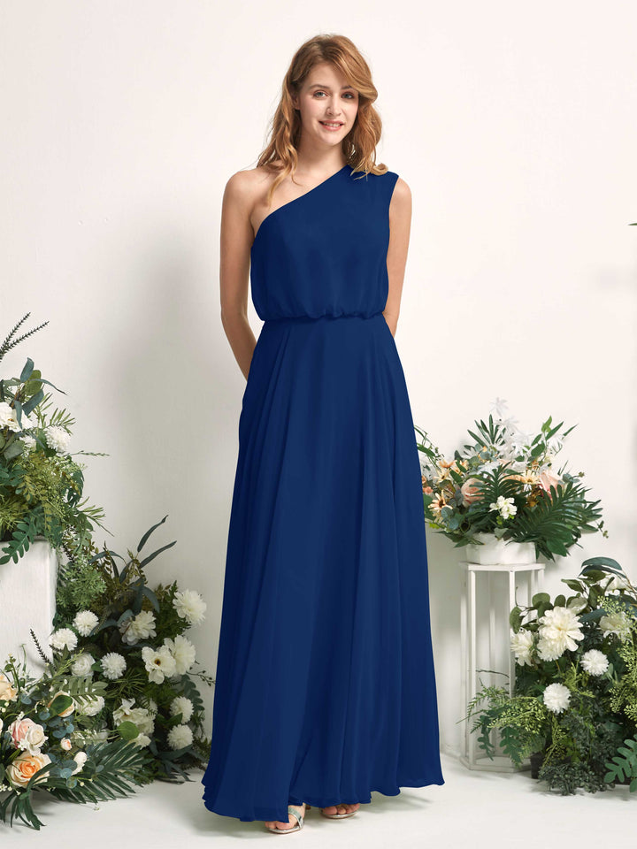 Bridesmaid Dress A-line Chiffon One Shoulder Full Length Sleeveless Wedding Party Dress - Royal Blue (81226837)