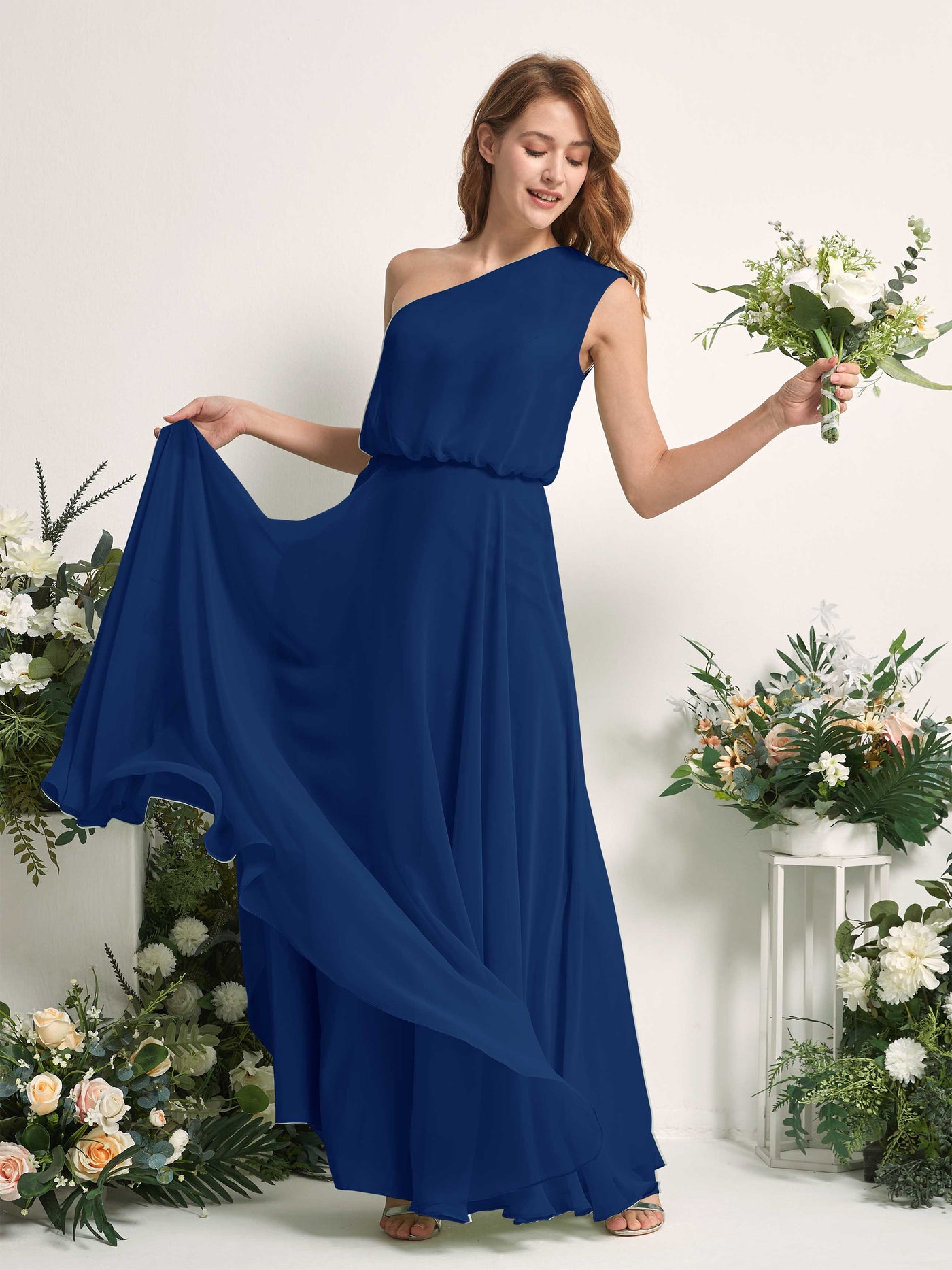 Bridesmaid Dress A-line Chiffon One Shoulder Full Length Sleeveless Wedding Party Dress - Royal Blue (81226837)#color_royal-blue