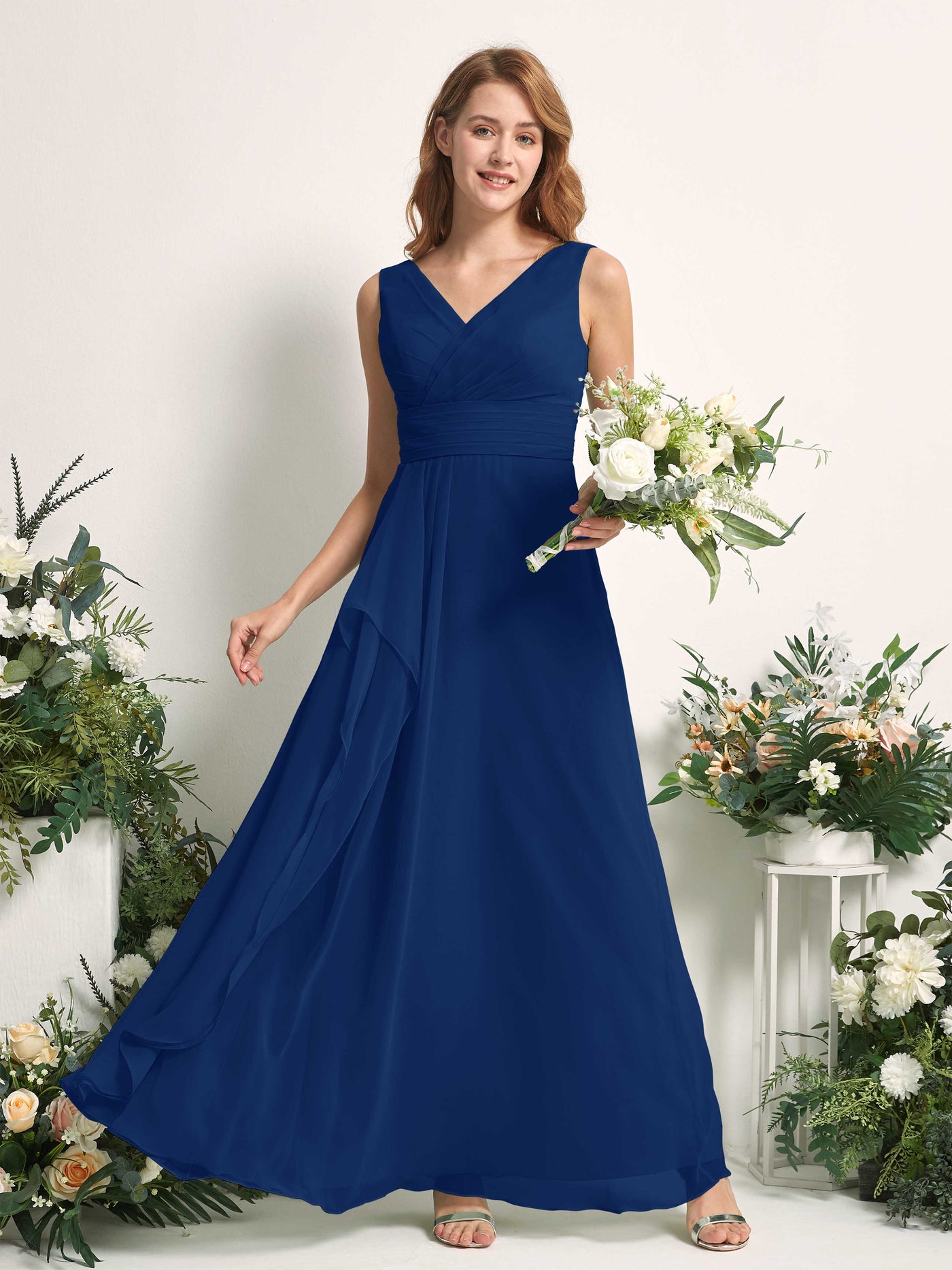 Bridesmaid Dress A-line Chiffon V-neck Full Length Sleeveless Wedding Party Dress - Royal Blue (81227137)#color_royal-blue