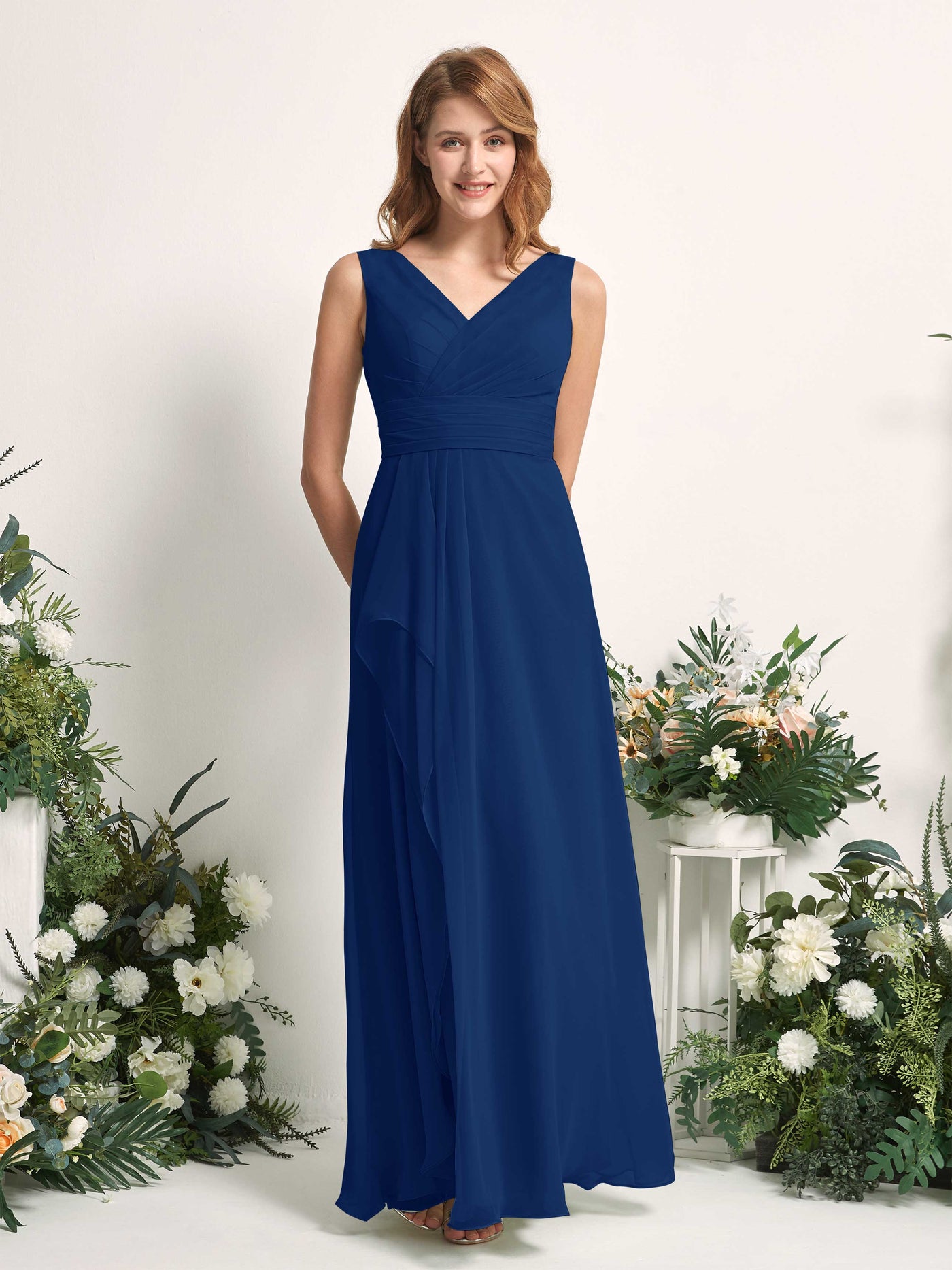 Bridesmaid Dress A-line Chiffon V-neck Full Length Sleeveless Wedding Party Dress - Royal Blue (81227137)#color_royal-blue
