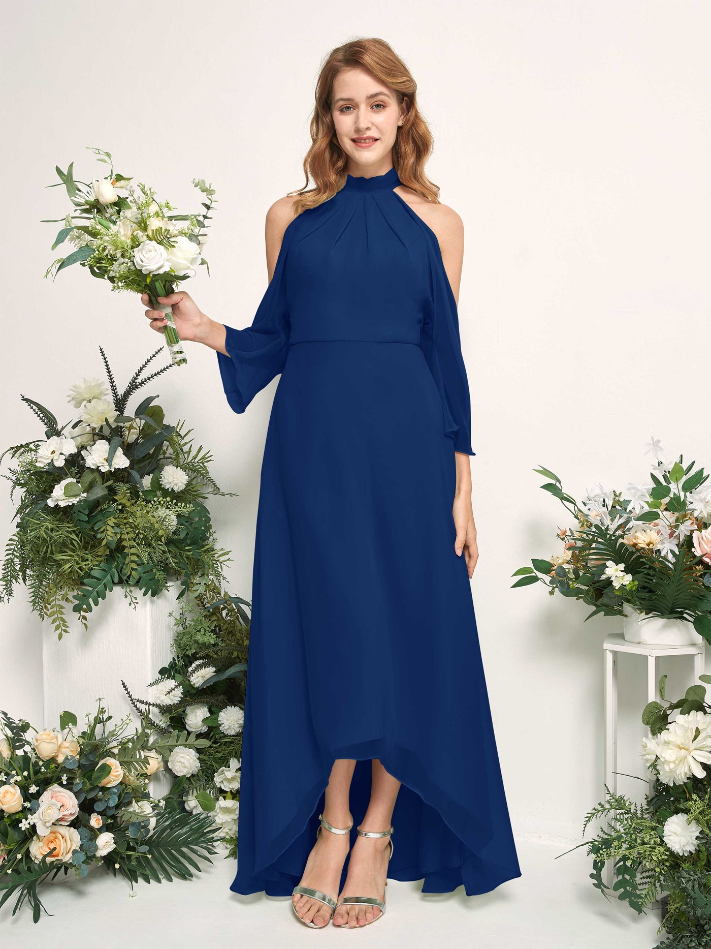 Bridesmaid Dress A-line Chiffon Halter High Low 3/4 Sleeves Wedding Party Dress - Royal Blue (81227637)#color_royal-blue