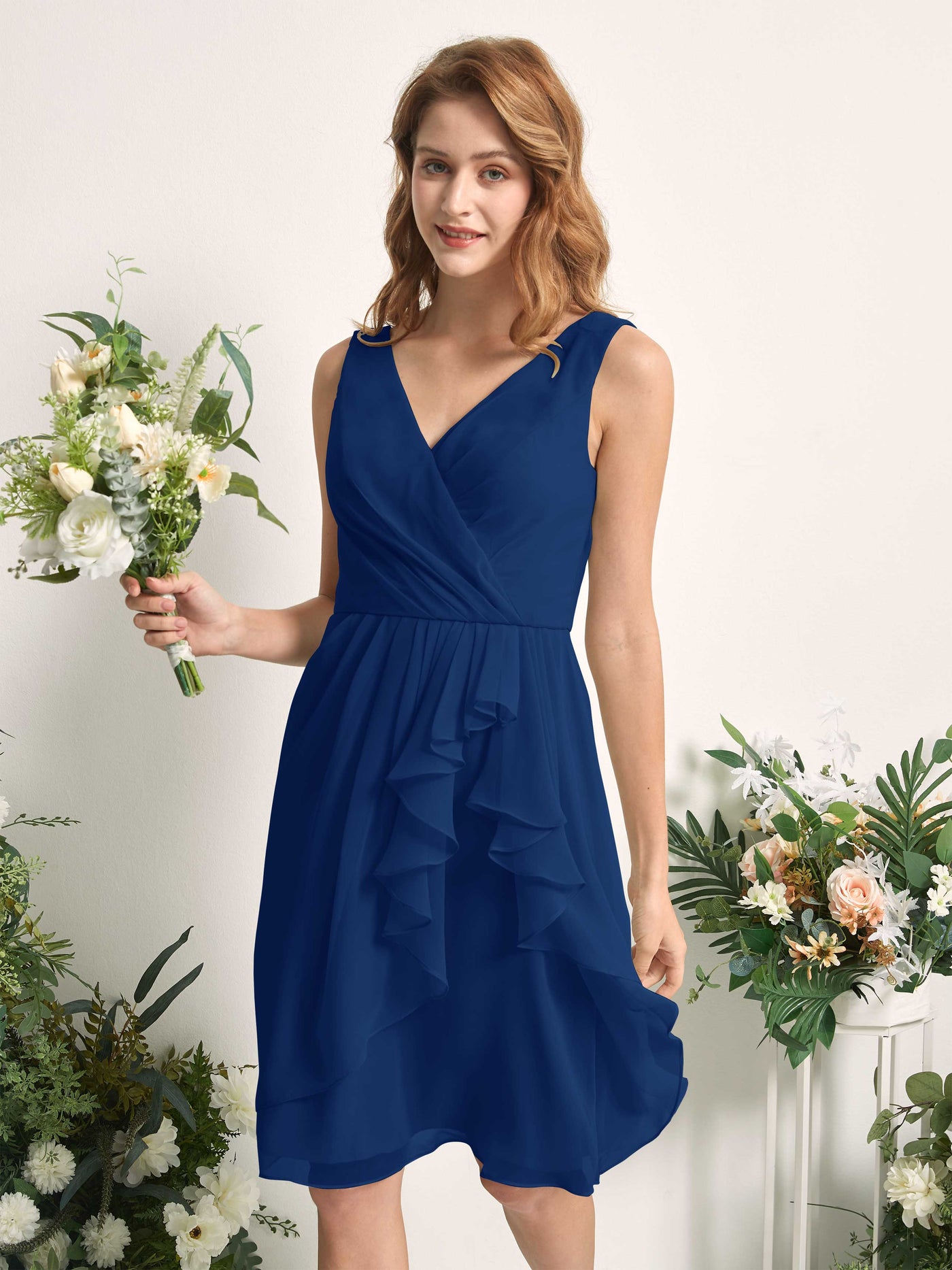 Bridesmaid Dress A-line Chiffon Straps Knee Length Sleeveless Wedding Party Dress - Royal Blue (81226637)#color_royal-blue