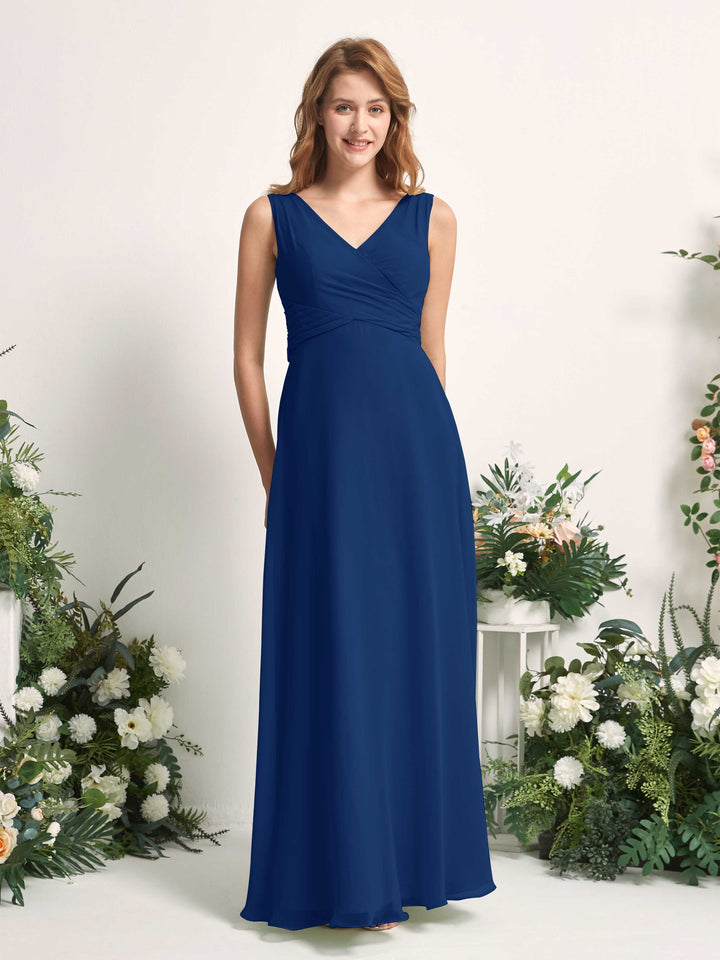 Bridesmaid Dress A-line Chiffon Straps Full Length Sleeveless Wedding Party Dress - Royal Blue (81227337)