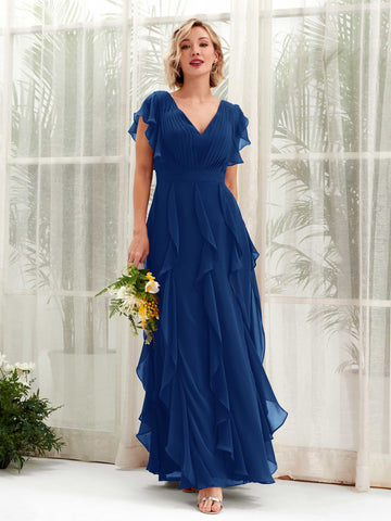 A-line Open back V-neck Short Sleeves Chiffon Bridesmaid Dress - Royal Blue (81226037)#color_royal-blue