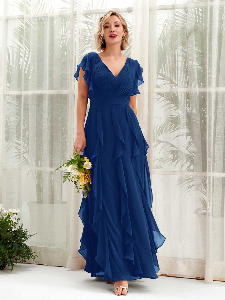 A-line Open back V-neck Short Sleeves Chiffon Bridesmaid Dress - Royal Blue (81226037)