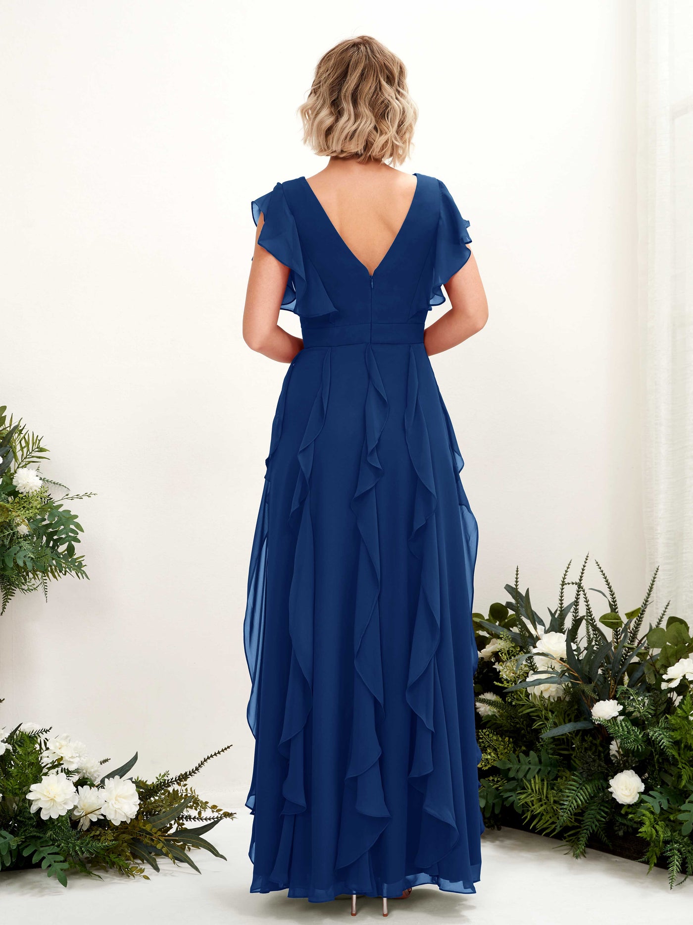 Dusty Blue Chiffon Bridesmaid Dress A-Line Maxi Flutter Sleeve V-Neck