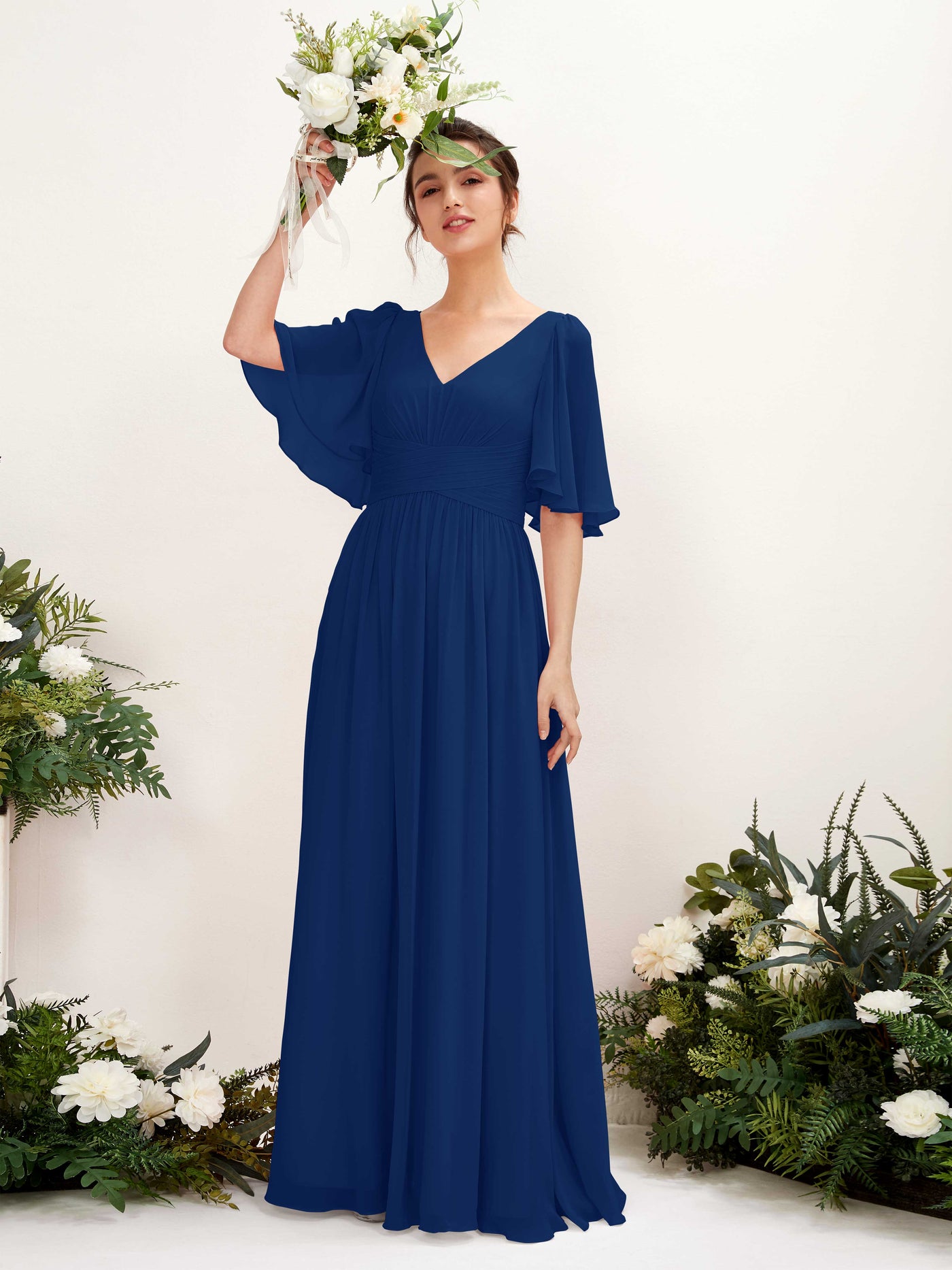 Royal Blue Bridesmaid Dresses Bridesmaid Dress A-line Chiffon V-neck Full Length 1/2 Sleeves Wedding Party Dress (81221637)#color_royal-blue