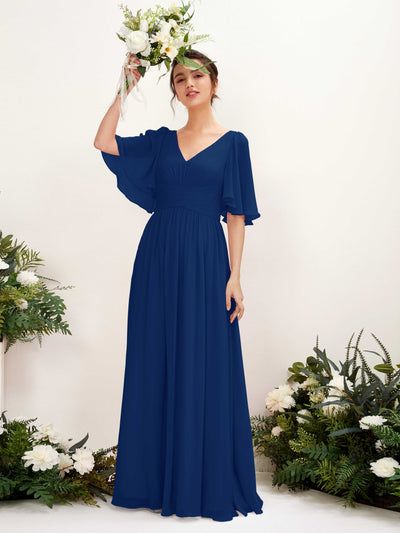 Carlyna Odette A-Line Royal Blue Bridesmaid Dress Maxi Short Sleeve V-Neck Dress Front View #color_royal-blue