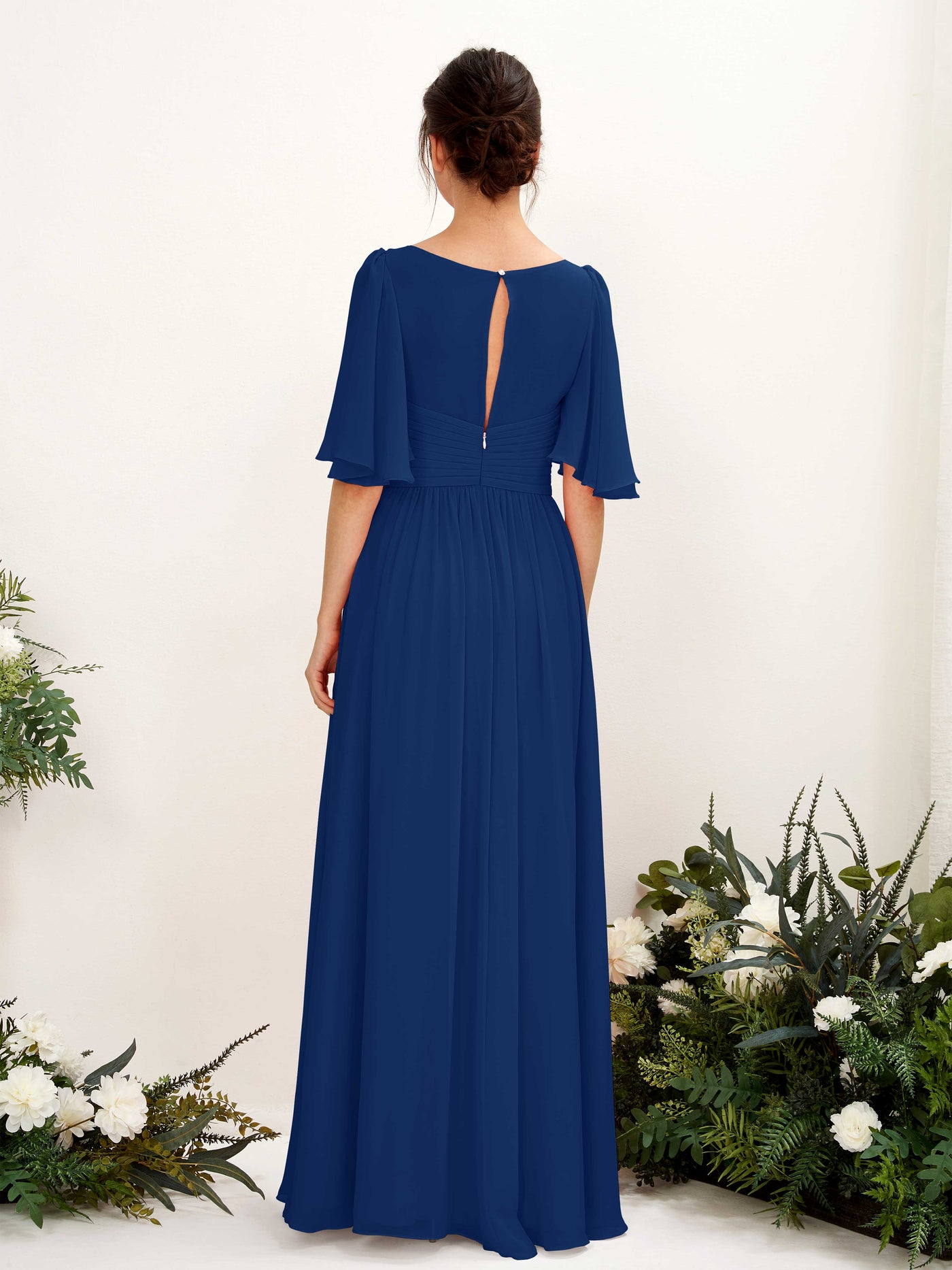 Royal Blue Bridesmaid Dresses Bridesmaid Dress A-line Chiffon V-neck Full Length 1/2 Sleeves Wedding Party Dress (81221637)#color_royal-blue