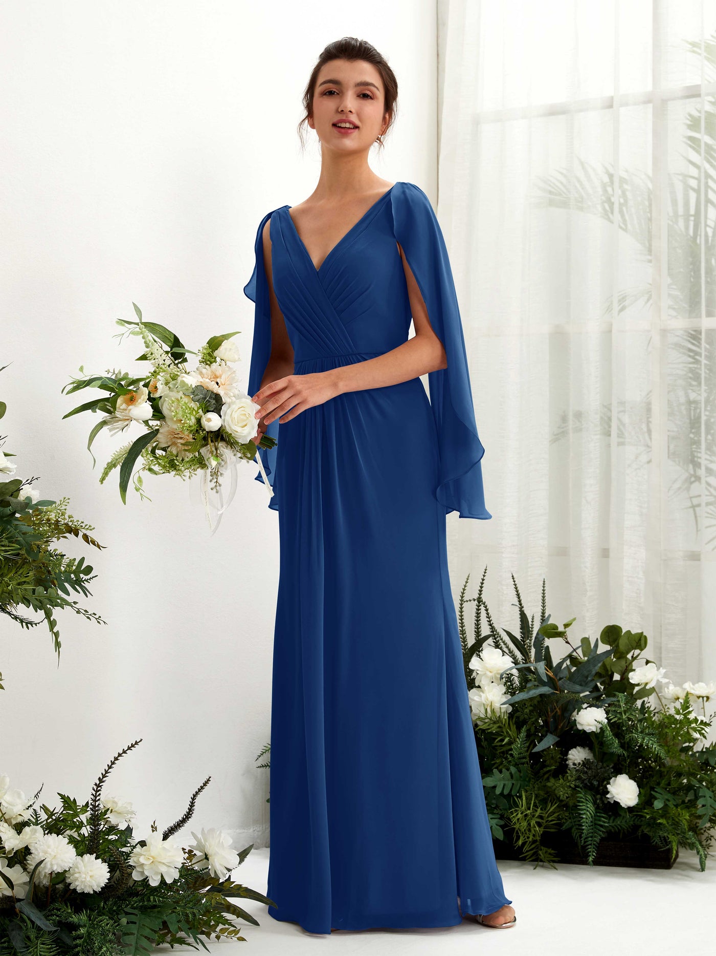 Royal Blue Bridesmaid Dresses Bridesmaid Dress A-line Chiffon Straps Full Length Long Sleeves Wedding Party Dress (80220137)#color_royal-blue