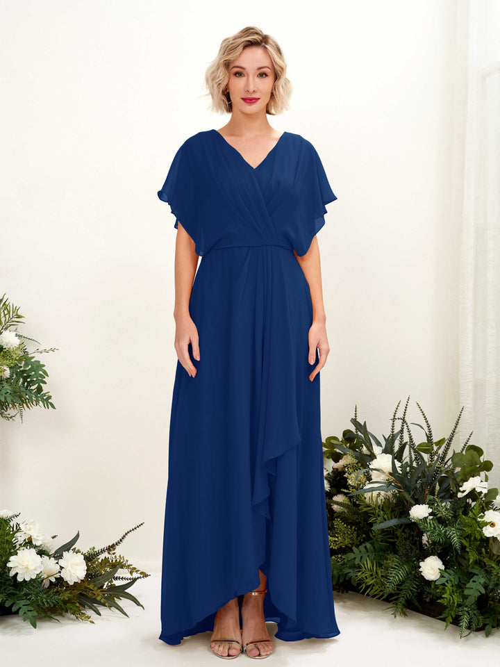 Royal Blue Bridesmaid Dresses Bridesmaid Dress A-line Chiffon V-neck Full Length Short Sleeves Wedding Party Dress (81222137)