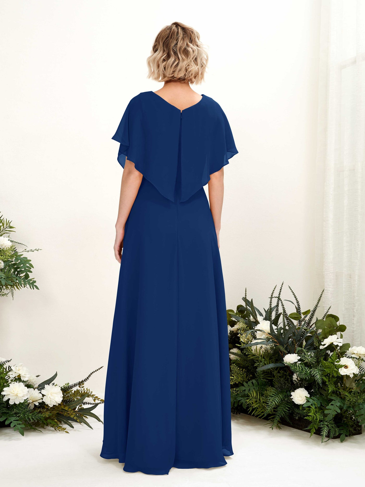 Royal Blue Bridesmaid Dresses Bridesmaid Dress A-line Chiffon V-neck Full Length Short Sleeves Wedding Party Dress (81222137)#color_royal-blue