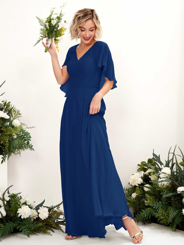 Royal Blue Bridesmaid Dresses Bridesmaid Dress A-line Chiffon V-neck Full Length Short Sleeves Wedding Party Dress (81224437)