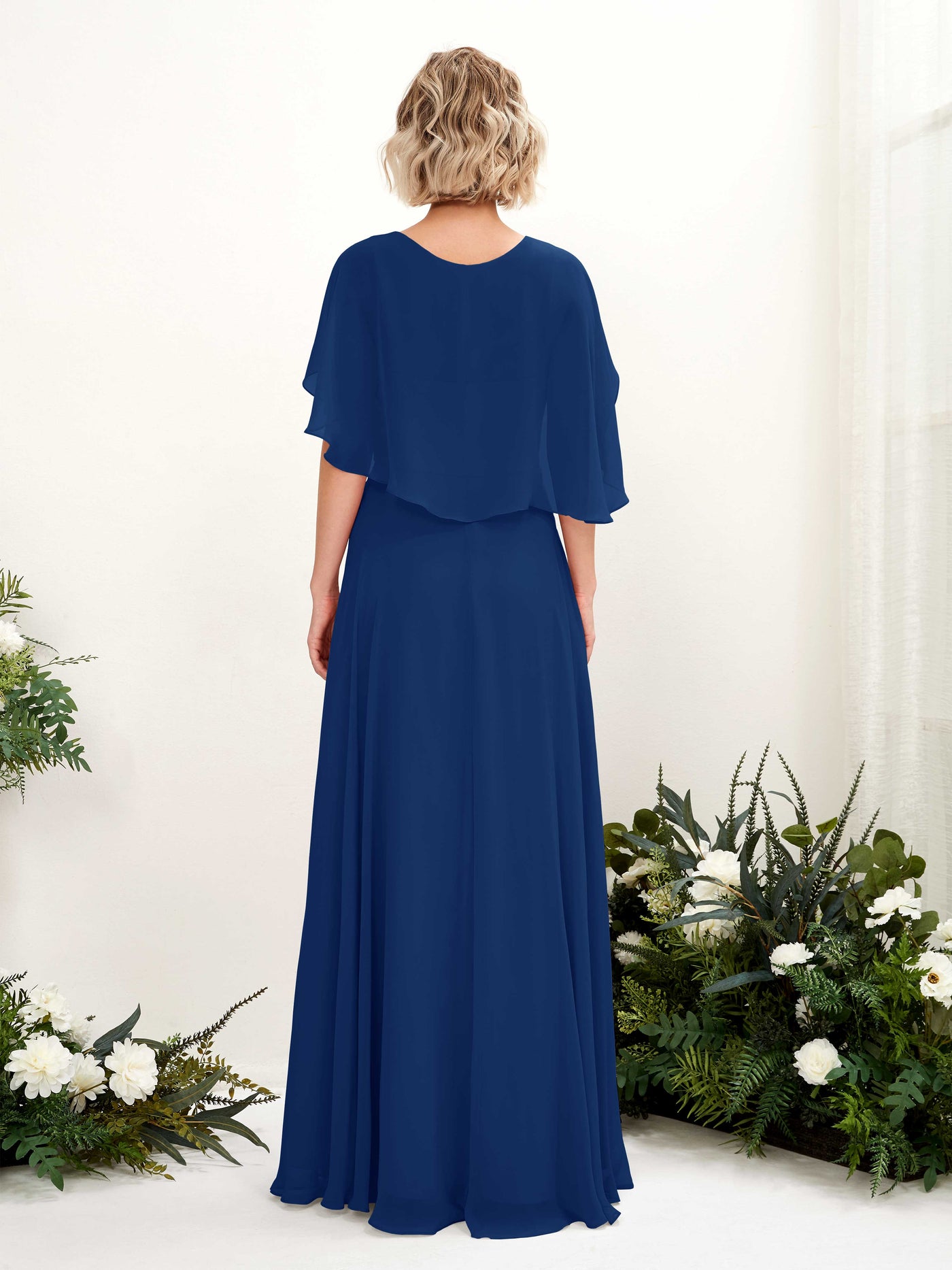 Royal Blue Bridesmaid Dresses Bridesmaid Dress A-line Chiffon V-neck Full Length Short Sleeves Wedding Party Dress (81224437)#color_royal-blue