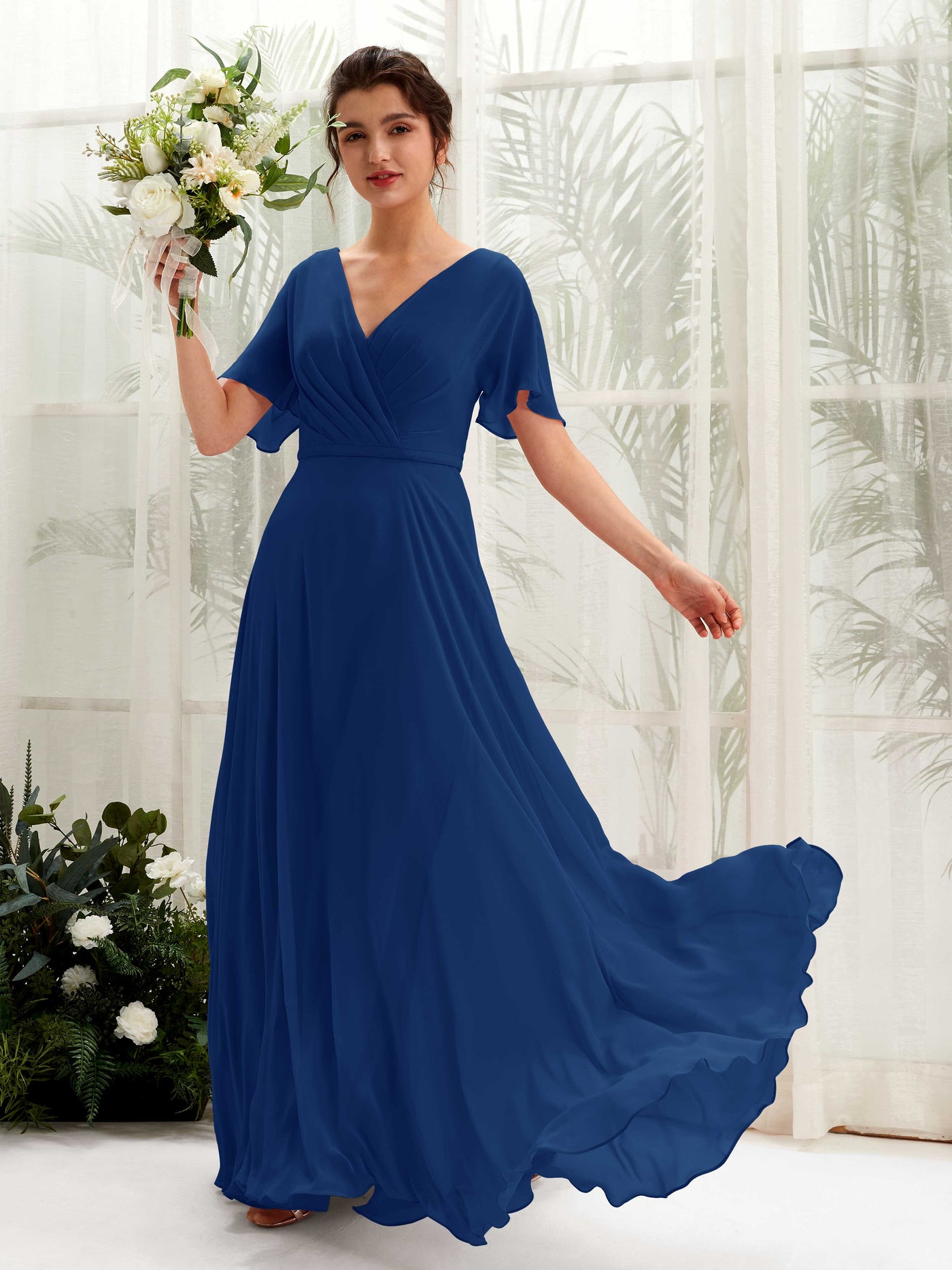 Royal Blue Bridesmaid Dresses Bridesmaid Dress A-line Chiffon V-neck Full Length Short Sleeves Wedding Party Dress (81224637)#color_royal-blue