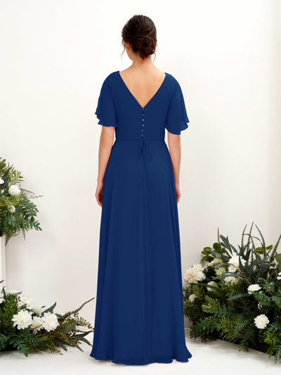 Carlyna Daphne A-Line Royal Blue Bridesmaid Dress Maxi Short Sleeve V-Neck Dress Back View #color_royal-blue