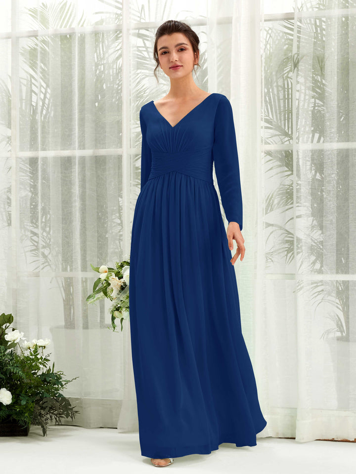 Royal Blue Bridesmaid Dresses Bridesmaid Dress A-line Chiffon V-neck Full Length Long Sleeves Wedding Party Dress (81220337)